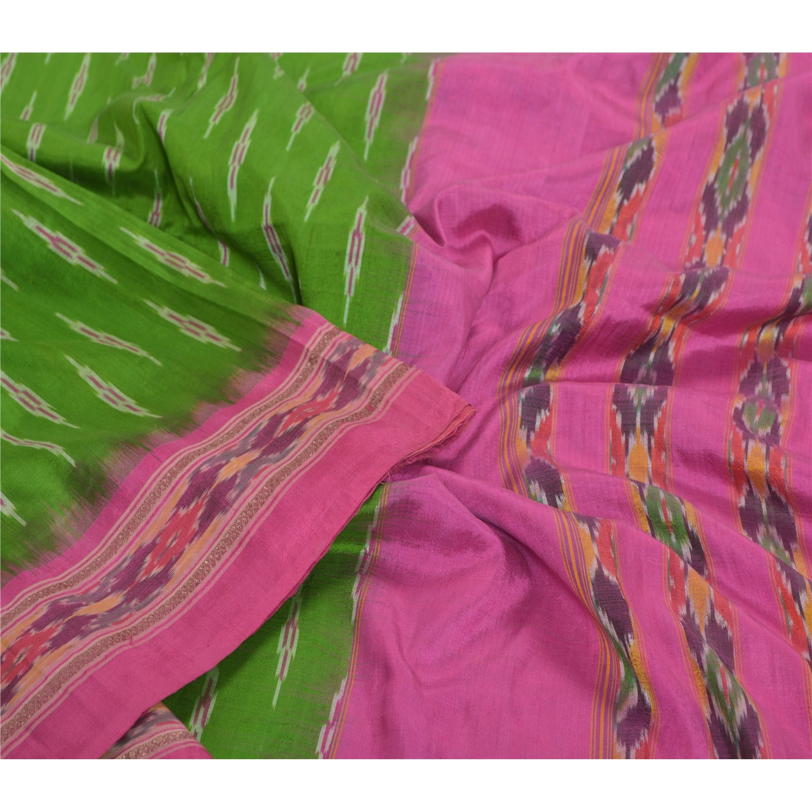 Sanskriti Vintage Handwoven Pochampally Ikat Silk Saree - Green Indian Heritage Textile by