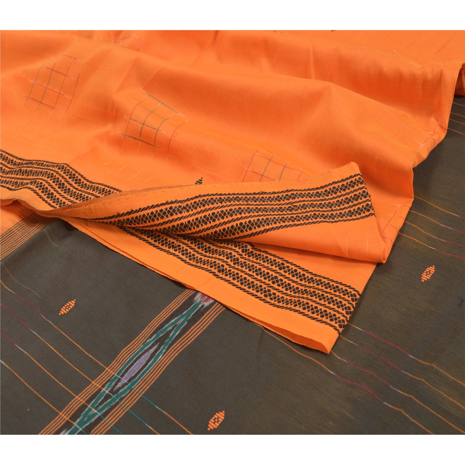 Sanskriti Vintage Saree 100% Pure Cotton Craft FabricSaree Ikat Handwoven Orange & Black Odisha Unique 5 Yard Odisha Handcrafted Sari