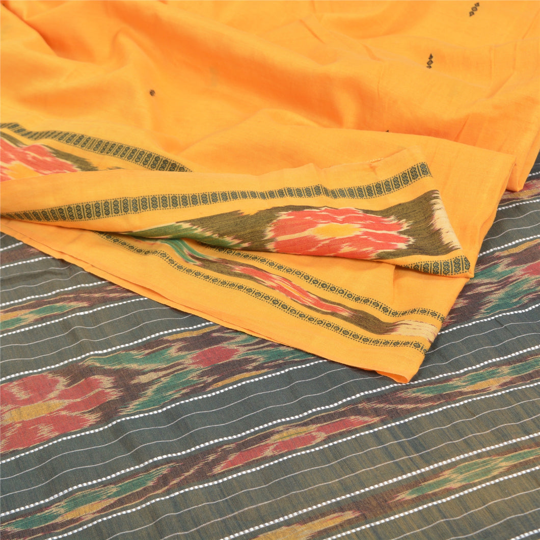 Sanskriti Vintage Yellow Ikat Hand Woven Sarees Blend Cotton Sari Craft Fabric