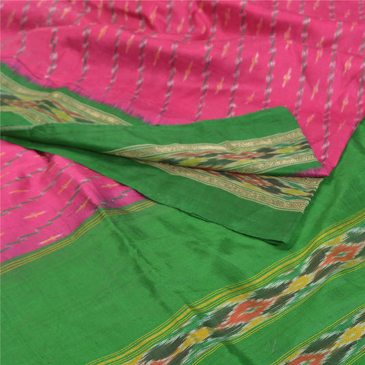 Sanskriti Vintage Pochampally Håndvævet Pink Ikat Sarees Pure Silke Sari Bæredygtigt stof