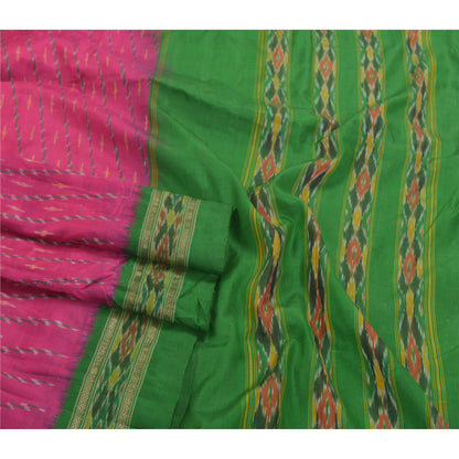 Sanskriti Vintage Pochampally Håndvævet Pink Ikat Sarees Pure Silke Sari Bæredygtigt stof
