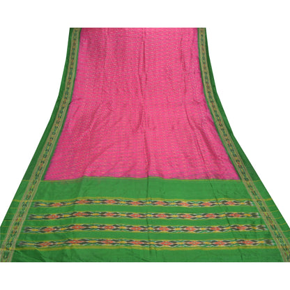 Sanskriti Vintage Pochampally Håndvævet Pink Ikat Sarees Pure Silke Sari Bæredygtigt stof