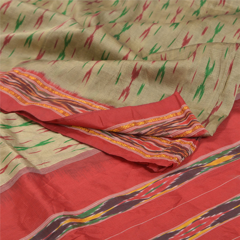 Sanskriti Vintage Saree 100% Pure Silk Saree Cream & Red Hand Ikat Woven Pochampally 5+Yd Craft Fabric Sari For Crafting, Upcycling,