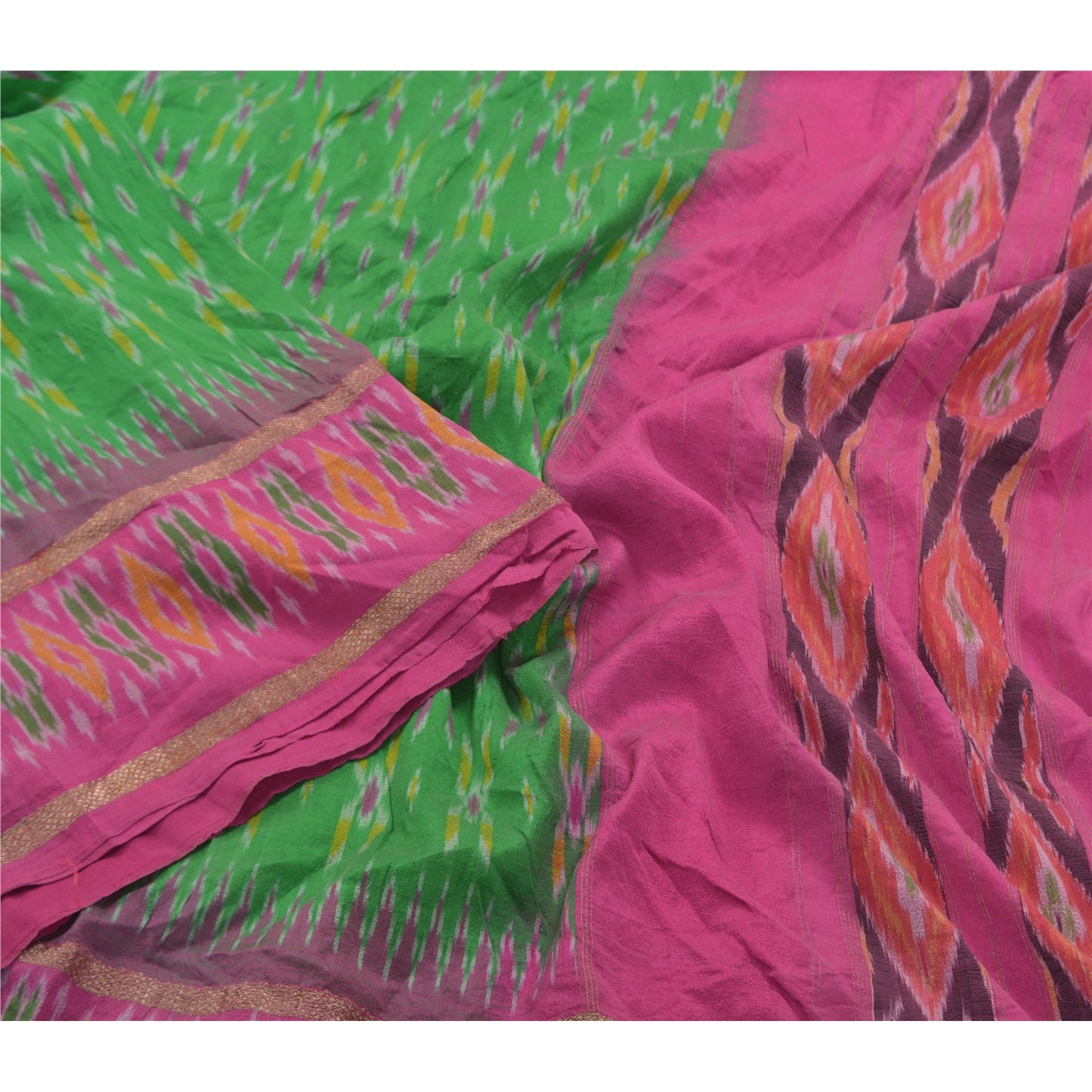 Sanskriti Vintage Pochampally Green Håndvævet Ikat Sarees Pure Silke Sari Bæredygtigt stof