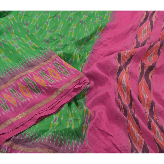 Sanskriti Vintage Pochampally Green Håndvævet Ikat Sarees Pure Silke Sari Bæredygtigt stof