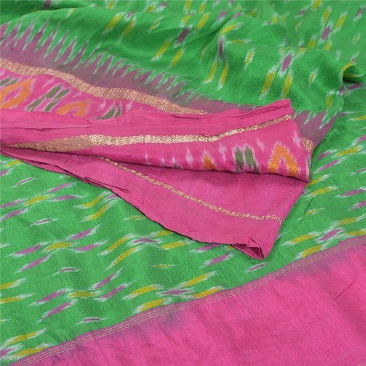 Sanskriti Vintage Pochampally Green Håndvævet Ikat Sarees Pure Silke Sari Bæredygtigt stof