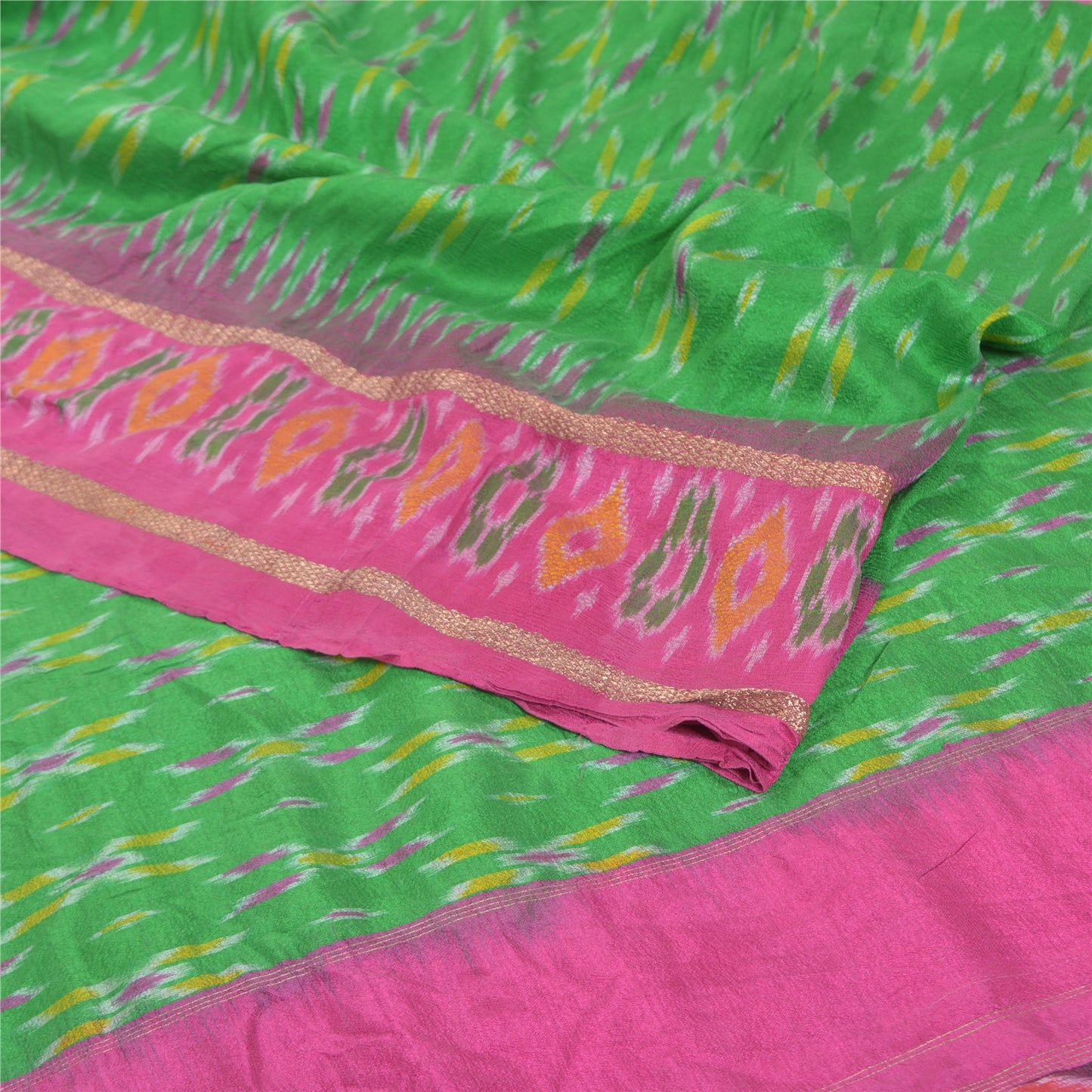 Sanskriti Vintage Pochampally Green Håndvævet Ikat Sarees Pure Silke Sari Bæredygtigt stof