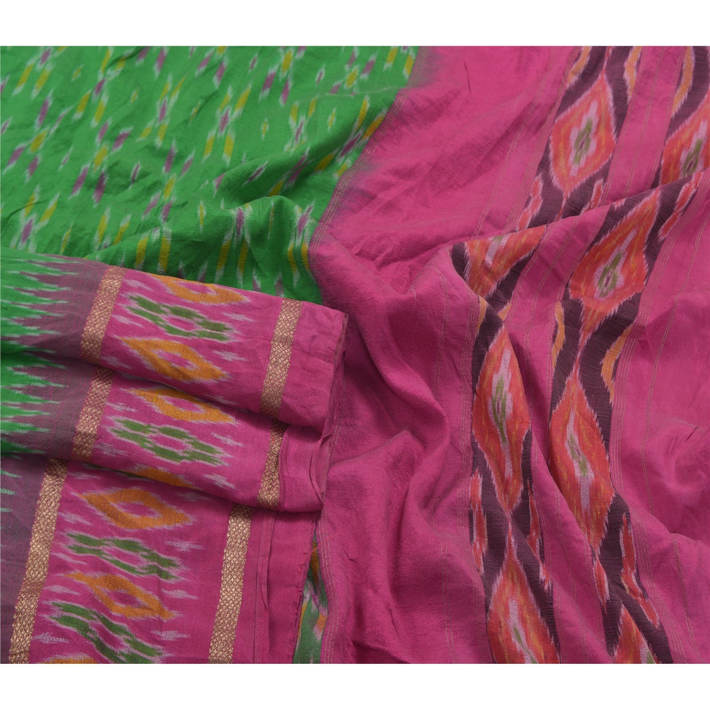 Sanskriti Vintage Pochampally Green Håndvævet Ikat Sarees Pure Silke Sari Bæredygtigt stof
