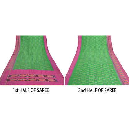 Sanskriti Vintage Pochampally Green Håndvævet Ikat Sarees Pure Silke Sari Bæredygtigt stof