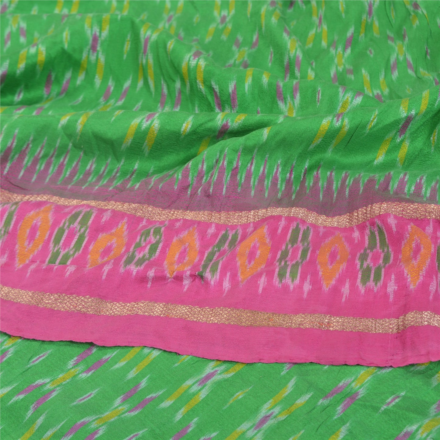 Sanskriti Vintage Pochampally Green Håndvævet Ikat Sarees Pure Silke Sari Bæredygtigt stof
