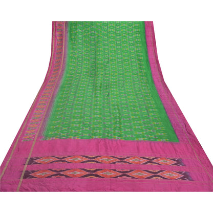 Sanskriti Vintage Pochampally Green Håndvævet Ikat Sarees Pure Silke Sari Bæredygtigt stof