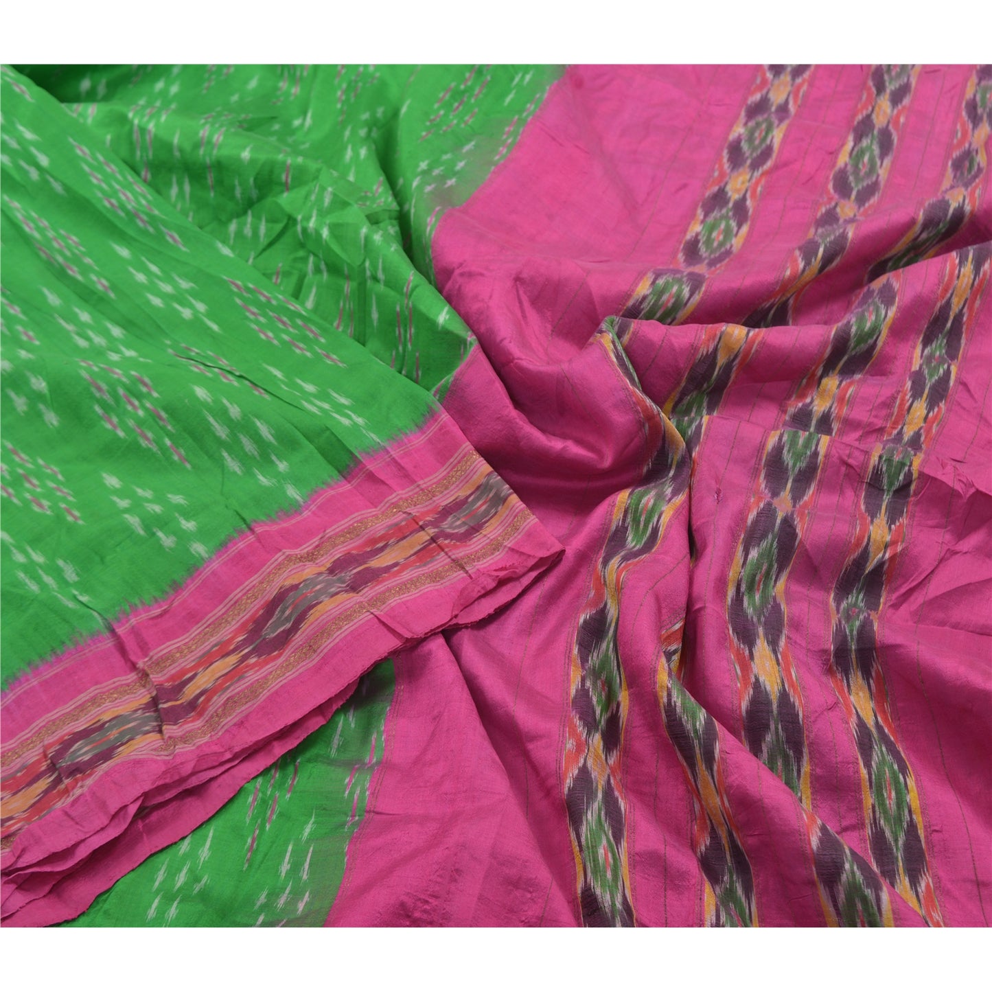 Sanskriti Vintage Pochampally Green Håndvævet Ikat Sarees Pure Silke Sari Bæredygtigt stof