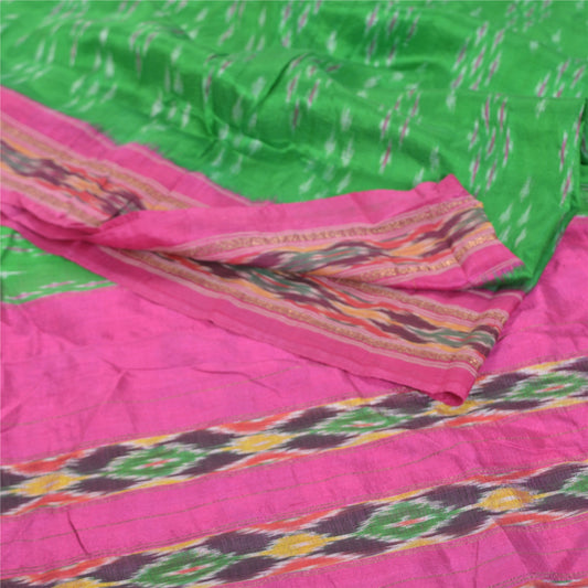 Sanskriti Vintage Pochampally Green Håndvævet Ikat Sarees Pure Silke Sari Bæredygtigt stof