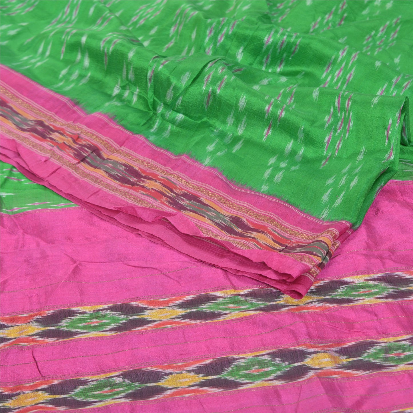 Sanskriti Vintage Pochampally Green Håndvævet Ikat Sarees Pure Silke Sari Bæredygtigt stof