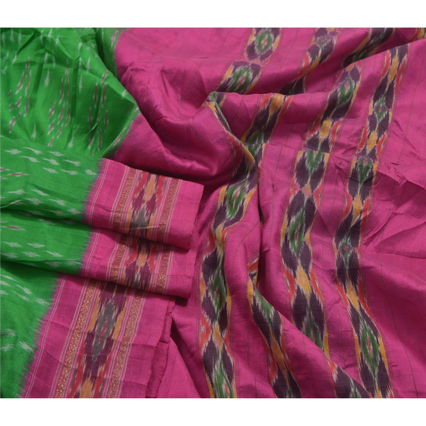 Sanskriti Vintage Pochampally Green Håndvævet Ikat Sarees Pure Silke Sari Bæredygtigt stof