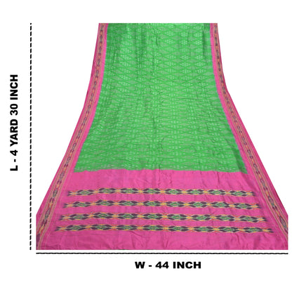 Sanskriti Vintage Pochampally Green Håndvævet Ikat Sarees Pure Silke Sari Bæredygtigt stof
