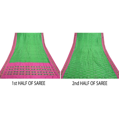 Sanskriti Vintage Pochampally Green Håndvævet Ikat Sarees Pure Silke Sari Bæredygtigt stof