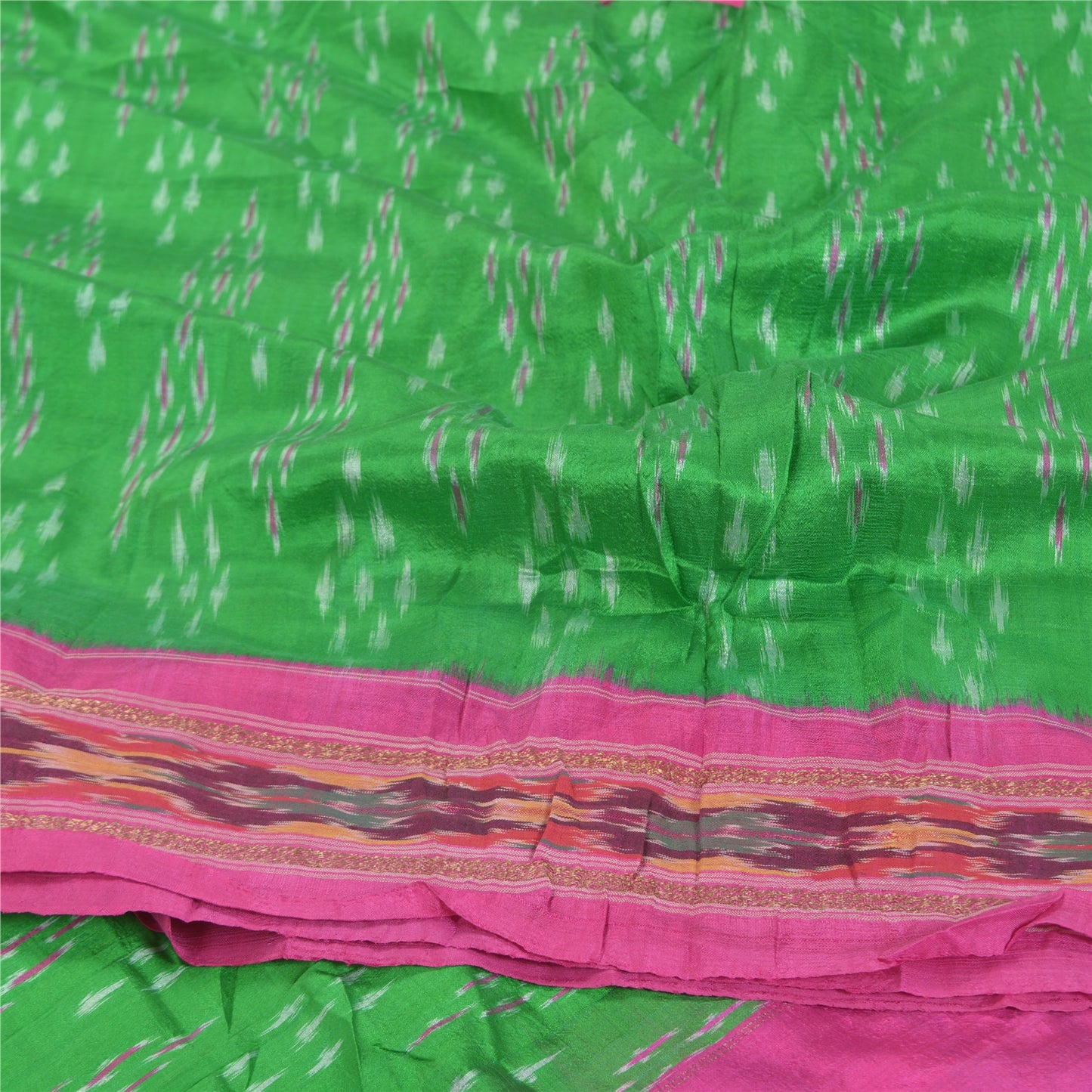 Sanskriti Vintage Pochampally Green Håndvævet Ikat Sarees Pure Silke Sari Bæredygtigt stof