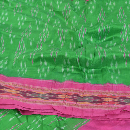 Sanskriti Vintage Pochampally Green Håndvævet Ikat Sarees Pure Silke Sari Bæredygtigt stof