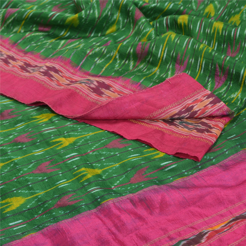 Sanskriti Vintage Saree 100% Pure Silk Saree Green & Pink Hand Ikat Woven Pochampally 5Yd Craft Fabric Sari For Quilting Felting, Decor