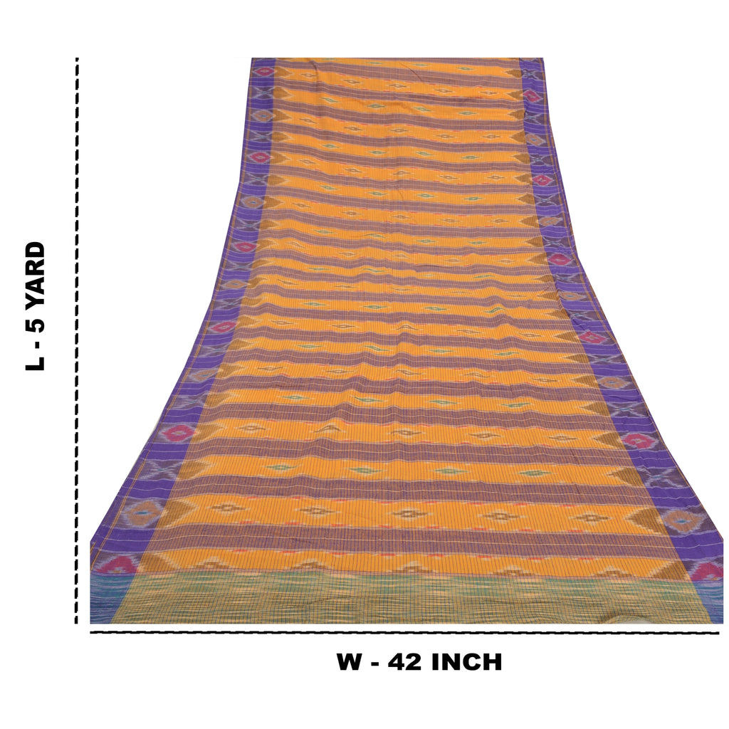 Sanskriti Vintage Handwoven Sambalpuri Ikat Saree: Vintage Cotton Craft Fabric, Yellow & Purple (5yd)