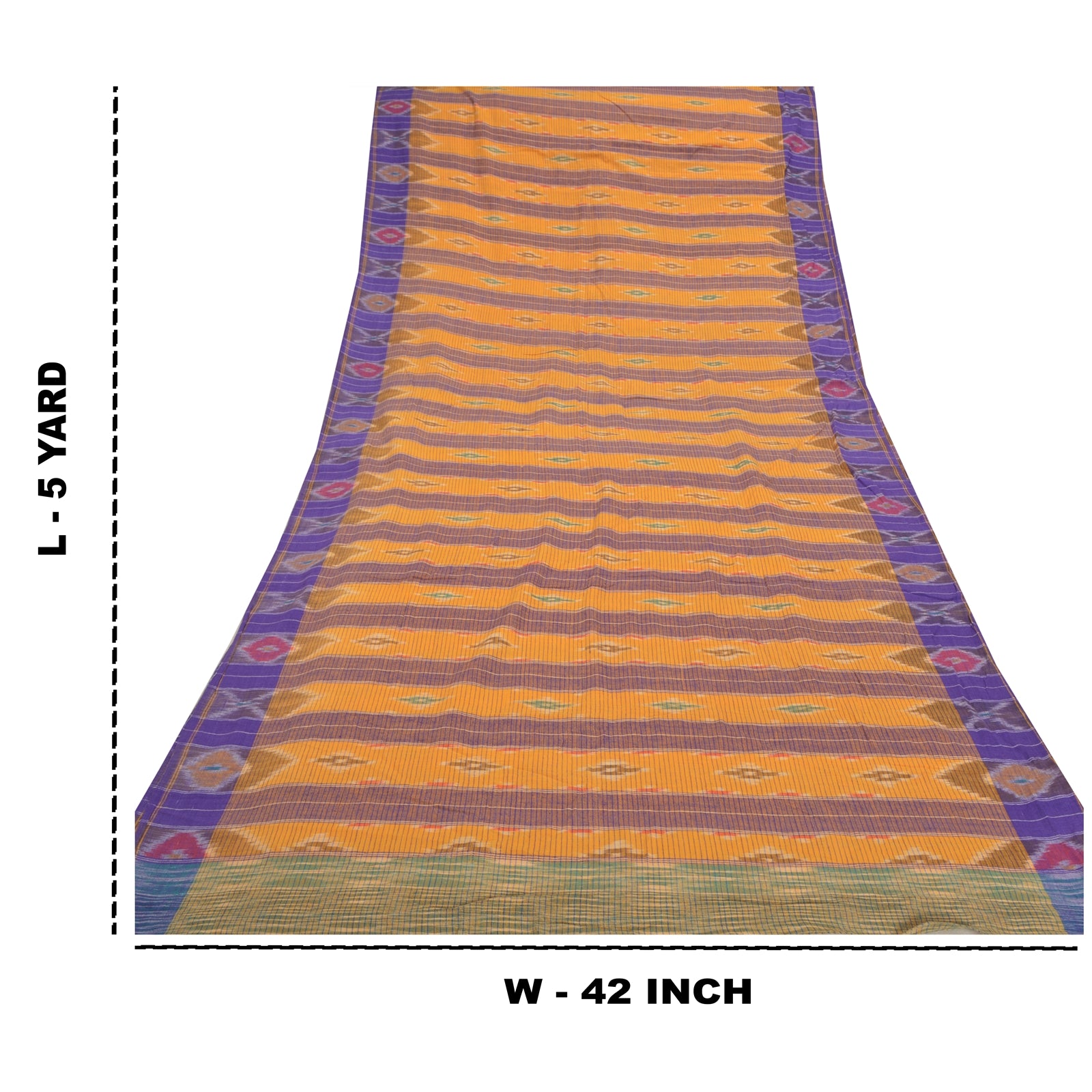 Sanskriti Vintage Handwoven Sambalpuri Ikat Saree: Vintage Cotton Craft Fabric, Yellow & Purple (5yd)