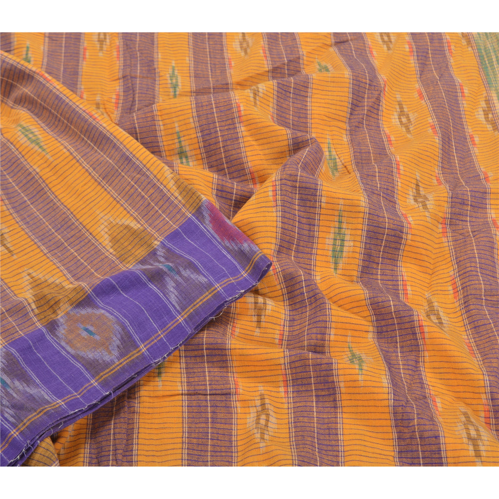 Sanskriti Vintage Handwoven Sambalpuri Ikat Saree: Vintage Cotton Craft Fabric, Yellow & Purple (5yd)