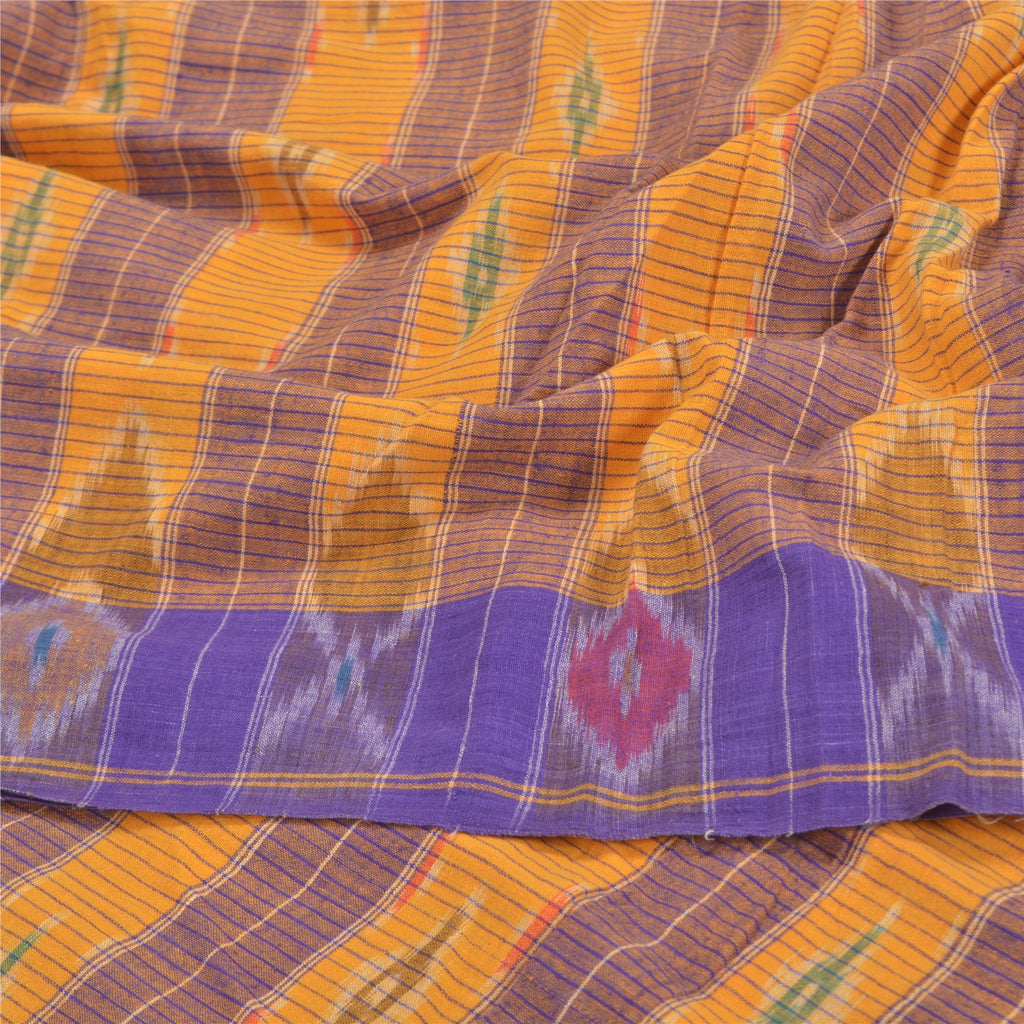 Sanskriti Vintage Handwoven Sambalpuri Ikat Saree: Vintage Cotton Craft Fabric, Yellow & Purple (5yd)