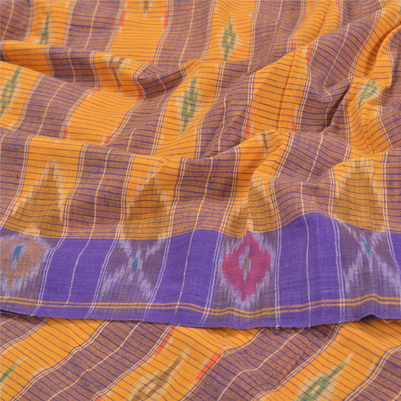 Sanskriti Vintage Handwoven Sambalpuri Ikat Saree: Vintage Cotton Craft Fabric, Yellow & Purple (5yd)