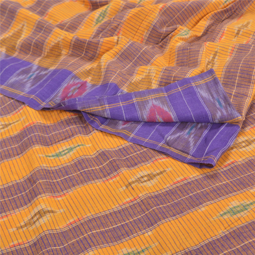 Sanskriti Vintage Handwoven Sambalpuri Ikat Saree: Vintage Cotton Craft Fabric, Yellow & Purple (5yd)