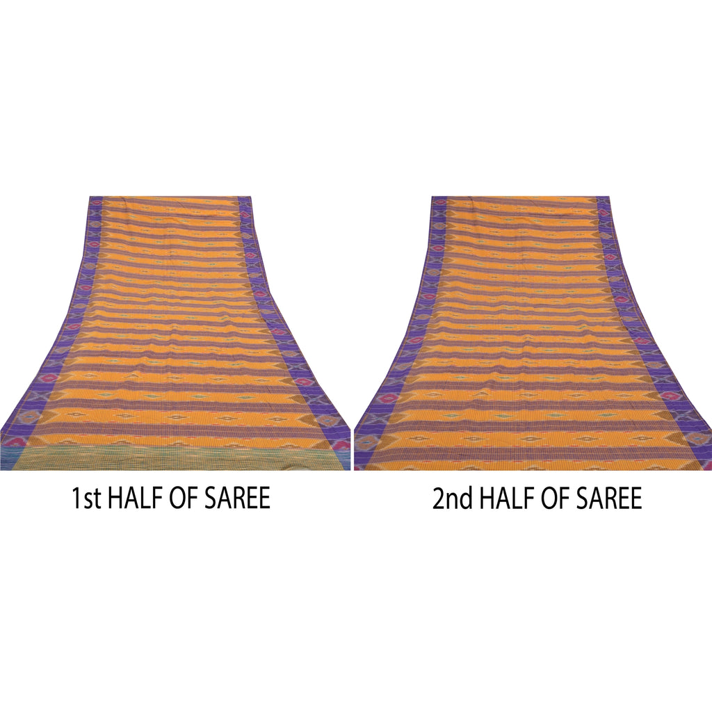 Sanskriti Vintage Handwoven Sambalpuri Ikat Saree: Vintage Cotton Craft Fabric, Yellow & Purple (5yd)