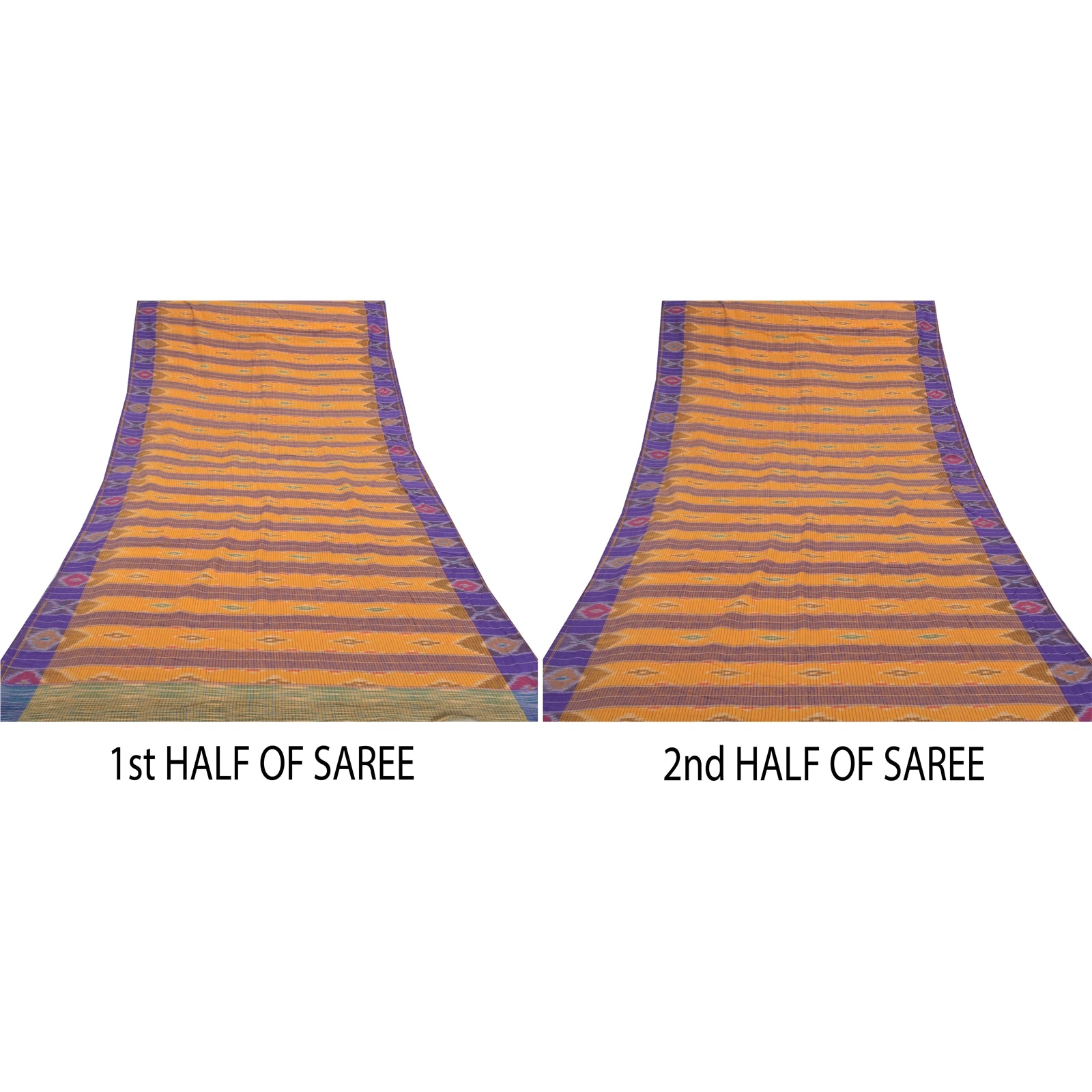 Sanskriti Vintage Handwoven Sambalpuri Ikat Saree: Vintage Cotton Craft Fabric, Yellow & Purple (5yd)