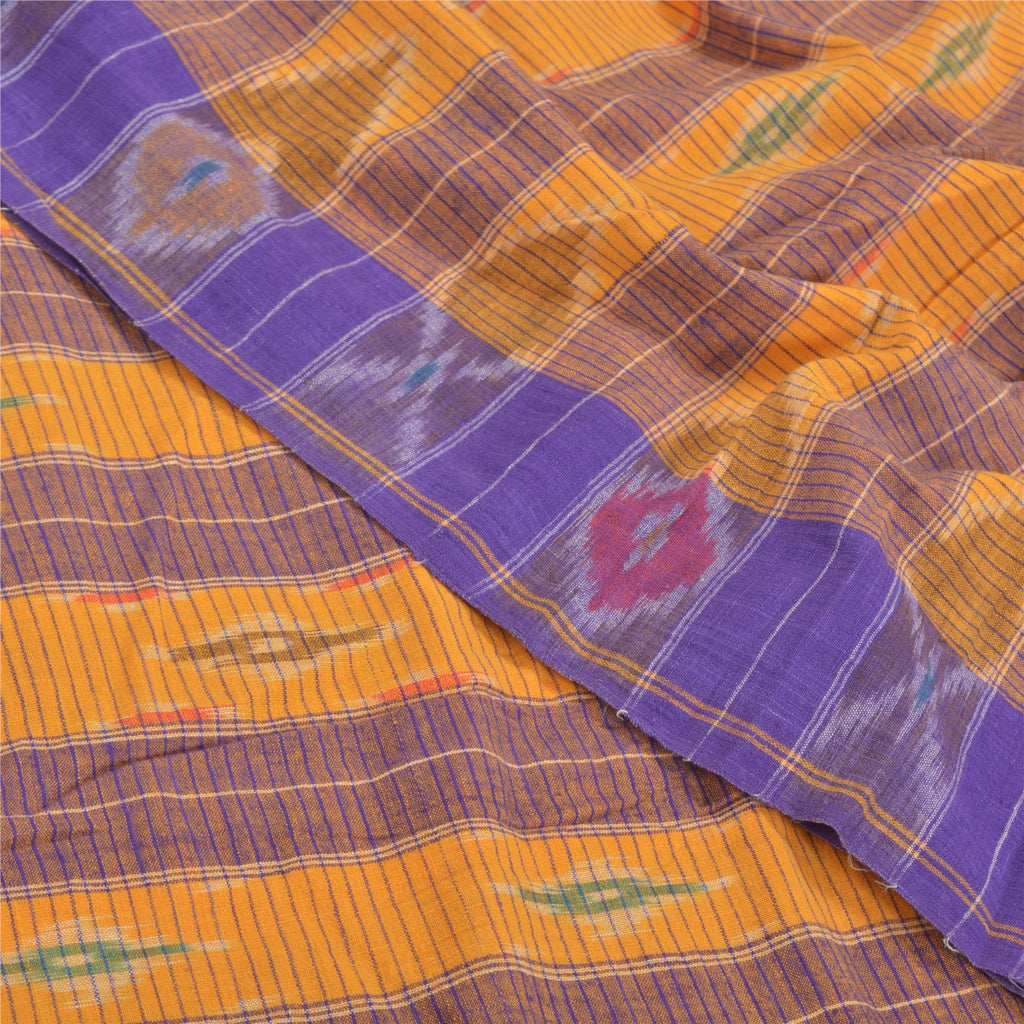 Sanskriti Vintage Handwoven Sambalpuri Ikat Saree: Vintage Cotton Craft Fabric, Yellow & Purple (5yd)