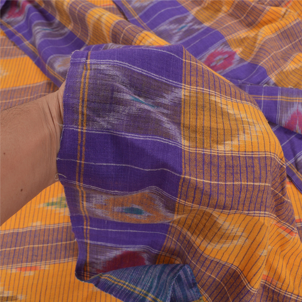 Sanskriti Vintage Handwoven Sambalpuri Ikat Saree: Vintage Cotton Craft Fabric, Yellow & Purple (5yd)