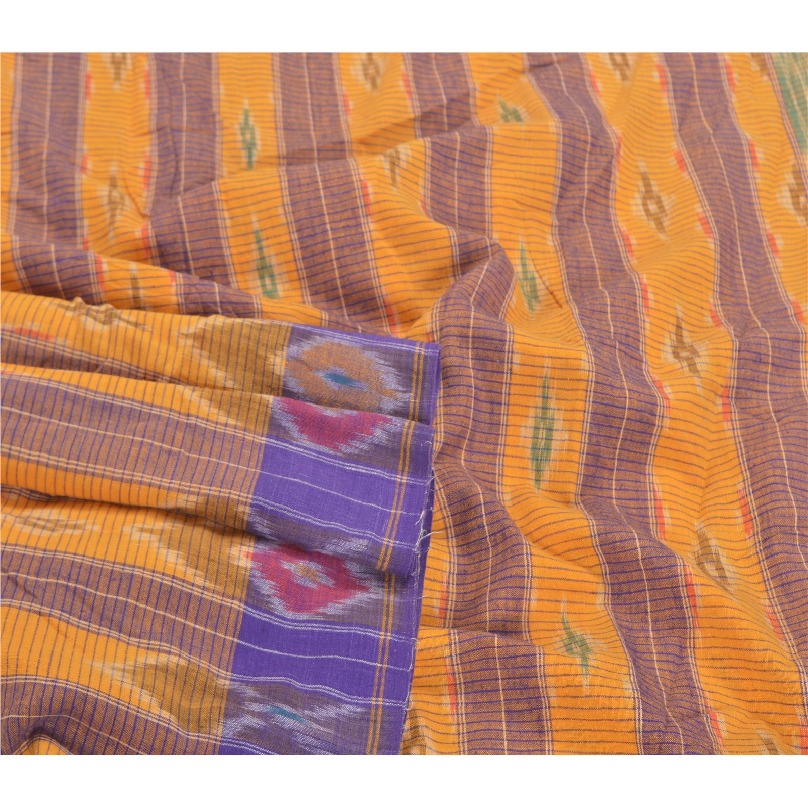 Sanskriti Vintage Handwoven Sambalpuri Ikat Saree: Vintage Cotton Craft Fabric, Yellow & Purple (5yd)