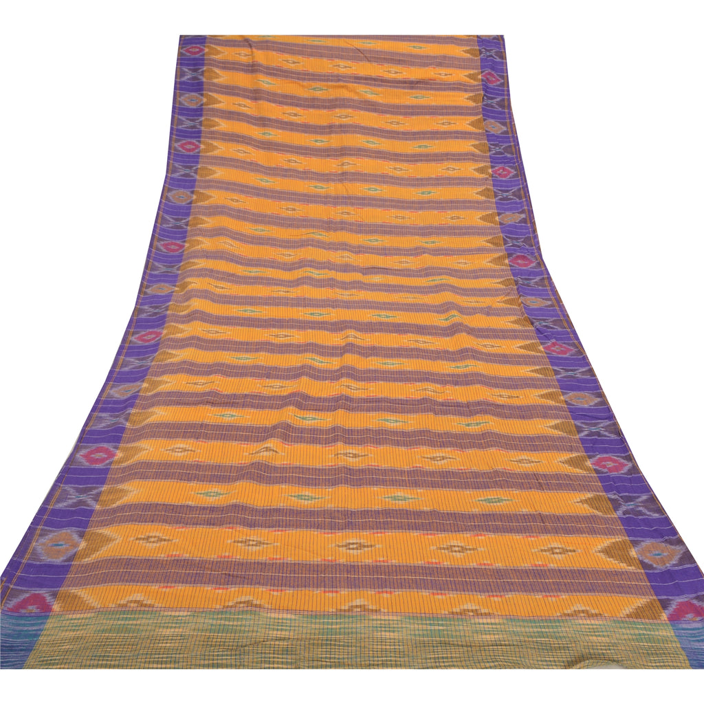 Sanskriti Vintage Handwoven Sambalpuri Ikat Saree: Vintage Cotton Craft Fabric, Yellow & Purple (5yd)