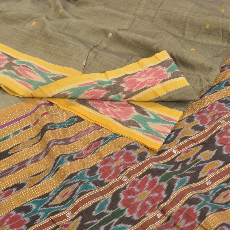 Sanskriti Vintage Saree Sambhalpuri Odisha Hand Woven Ikat Saree Light Green & Yellow Blend Cotton Sari 5 Yard Craft Fabric For Upcycled