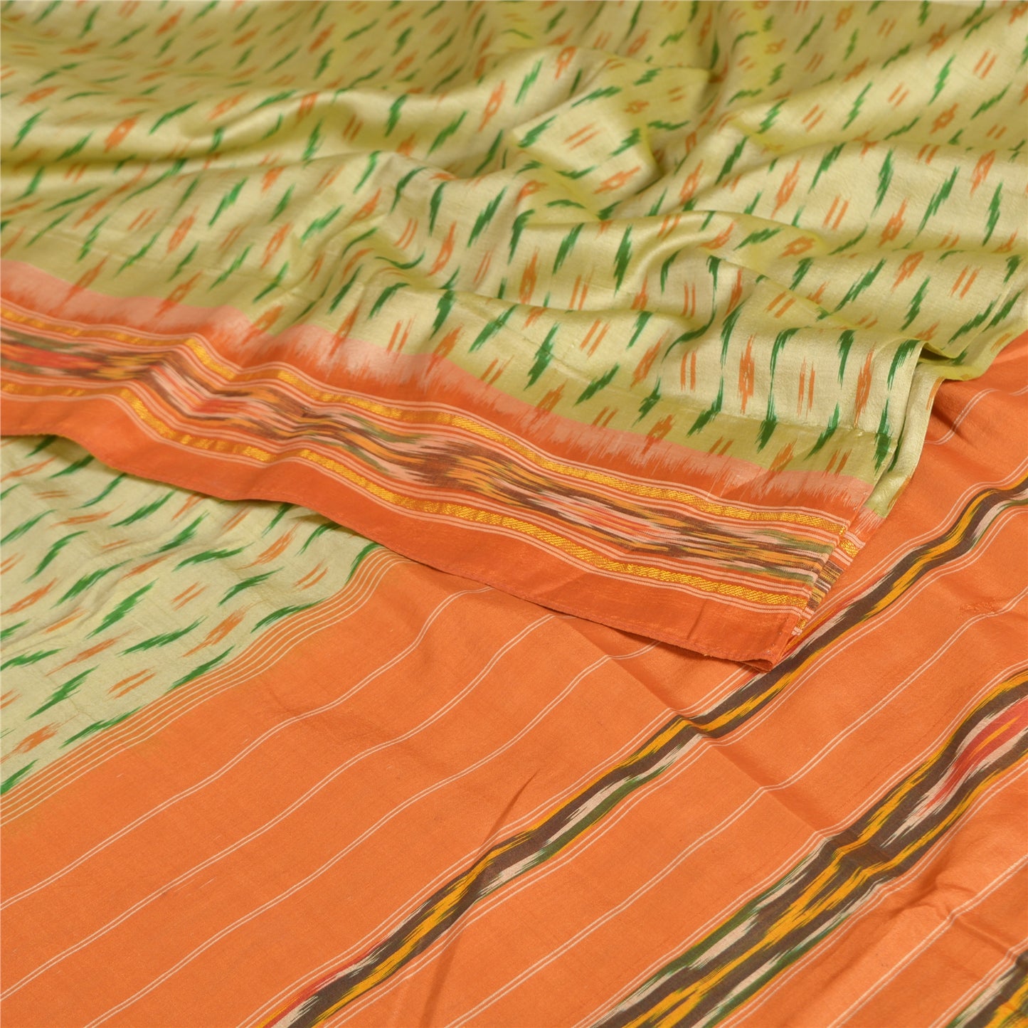 Sanskriti Vintage Pochampally Green Hand Woven Ikat Sarees Pure Silk Sari Sustainable Fabric