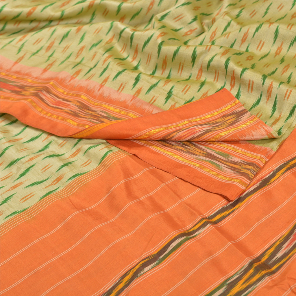 Sanskriti Vintage Pochampally Green Hand Woven Ikat Sarees Pure Silk Sari Sustainable Fabric