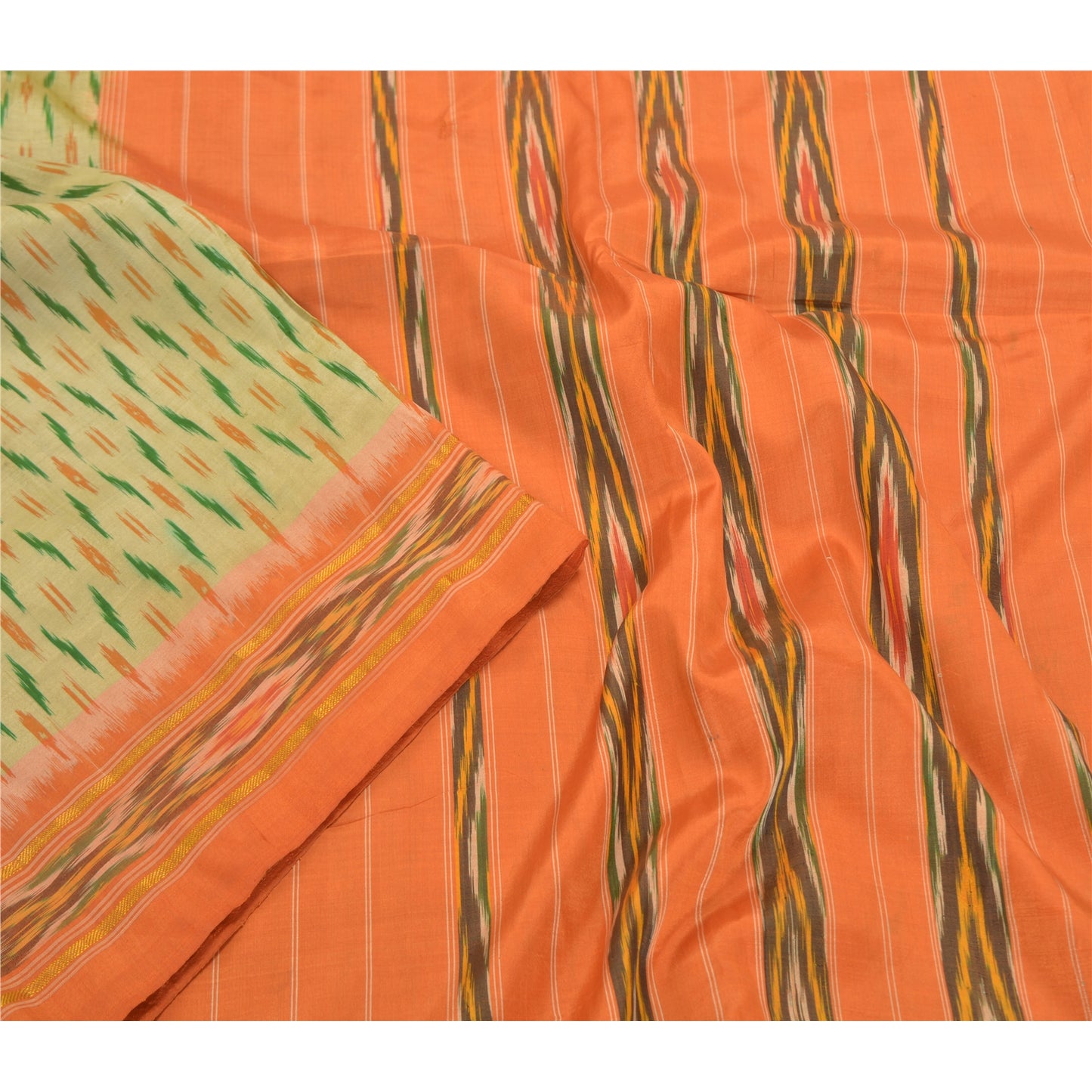 Sanskriti Vintage Pochampally Green Hand Woven Ikat Sarees Pure Silk Sari Sustainable Fabric