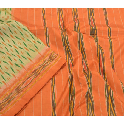 Sanskriti Vintage Pochampally Green Hand Woven Ikat Sarees Pure Silk Sari Sustainable Fabric