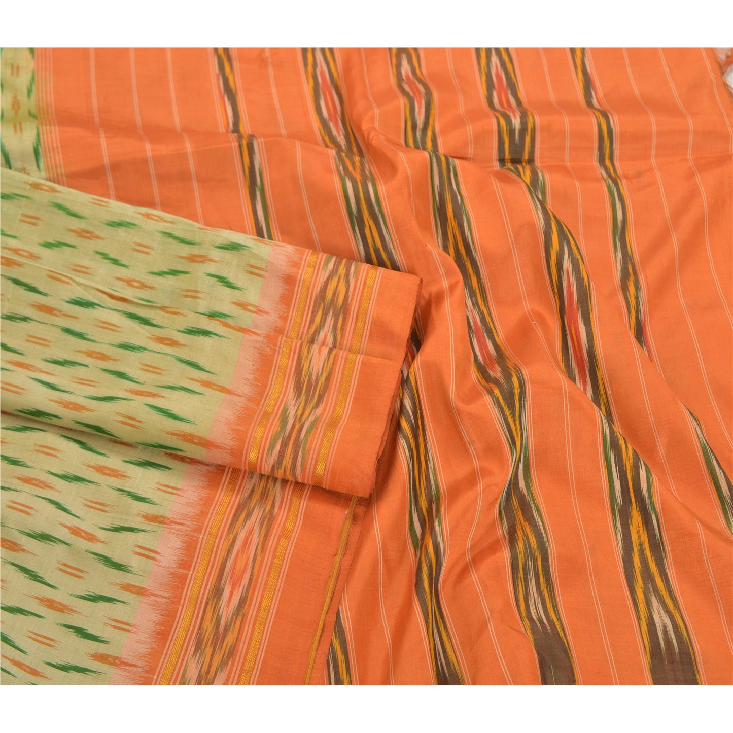 Sanskriti Vintage Pochampally Green Hand Woven Ikat Sarees Pure Silk Sari Sustainable Fabric