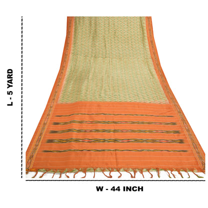Sanskriti Vintage Pochampally Green Hand Woven Ikat Sarees Pure Silk Sari Sustainable Fabric