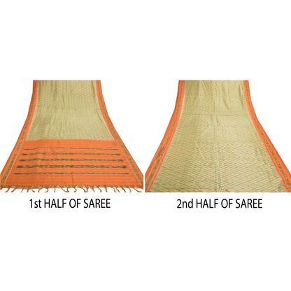 Sanskriti Vintage Pochampally Green Hand Woven Ikat Sarees Pure Silk Sari Sustainable Fabric