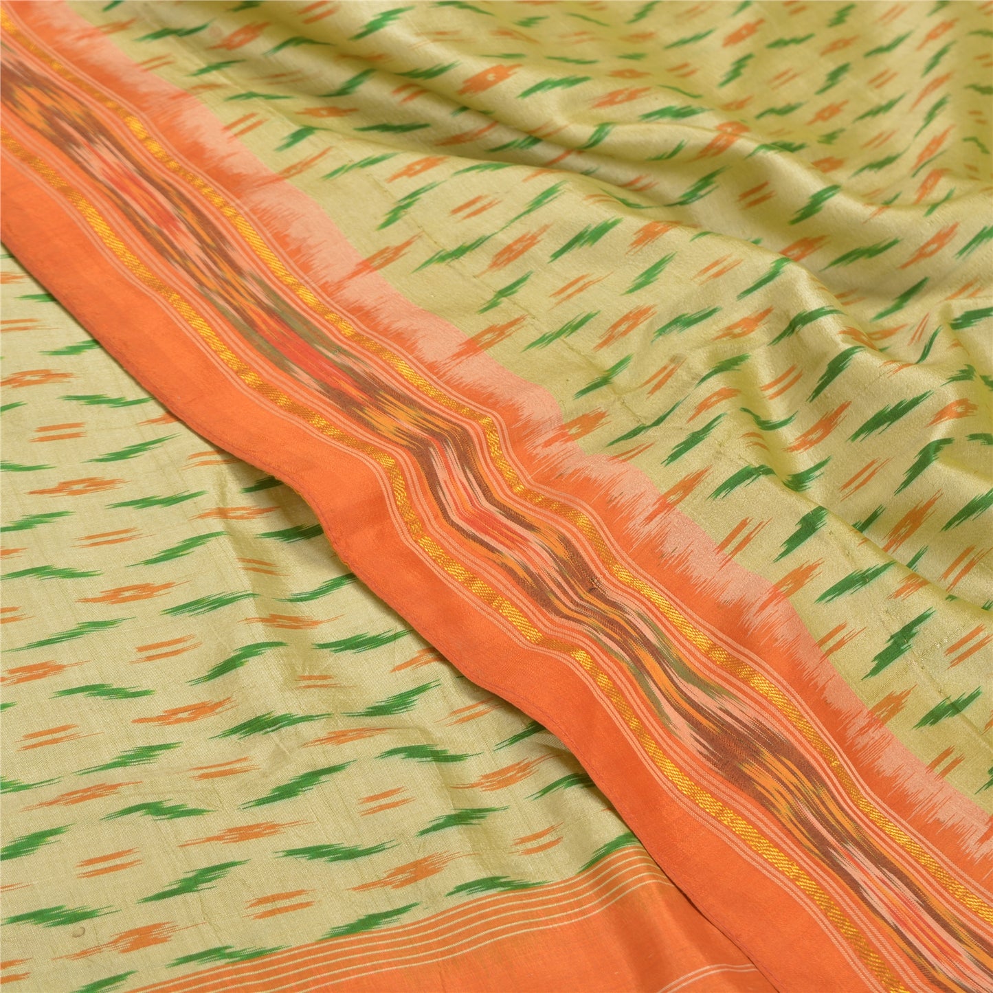 Sanskriti Vintage Pochampally Green Hand Woven Ikat Sarees Pure Silk Sari Sustainable Fabric