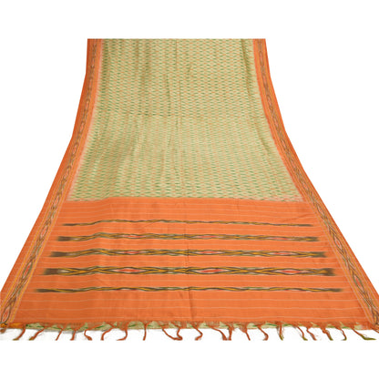 Sanskriti Vintage Pochampally Green Hand Woven Ikat Sarees Pure Silk Sari Sustainable Fabric