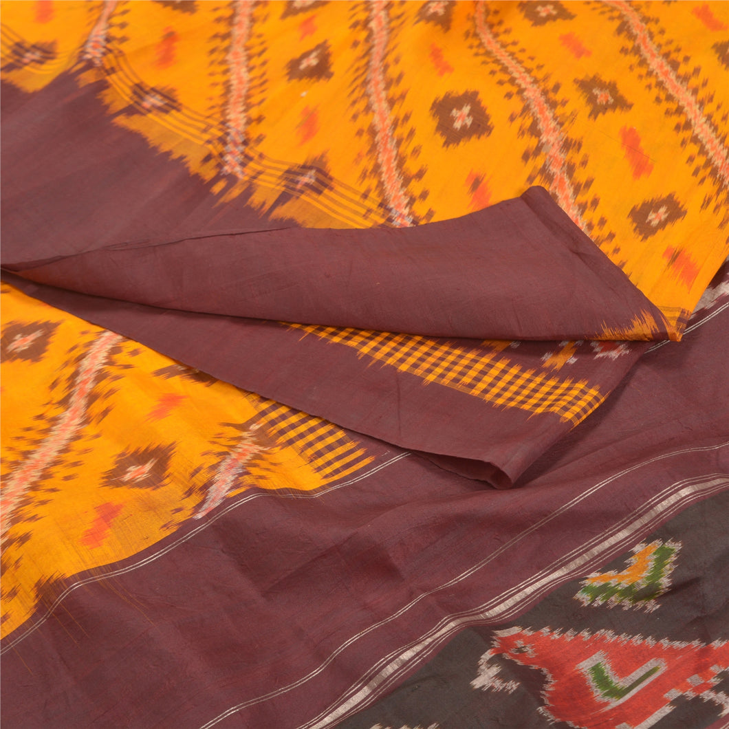 Sanskriti Vintage Yellow Ikat Handwoven Patan Patola Sarees Pure Silk 5 YD Sari