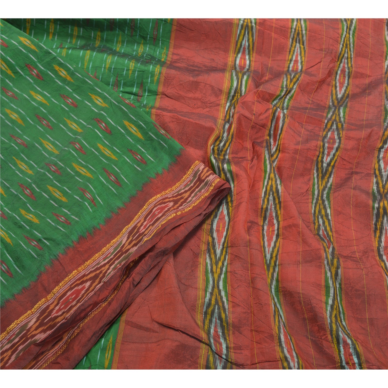 Sanskriti Vintage Sari 100% Pure Silk Pochampally Green Handwoven Ikat Sarees 5yd Craft Fabric