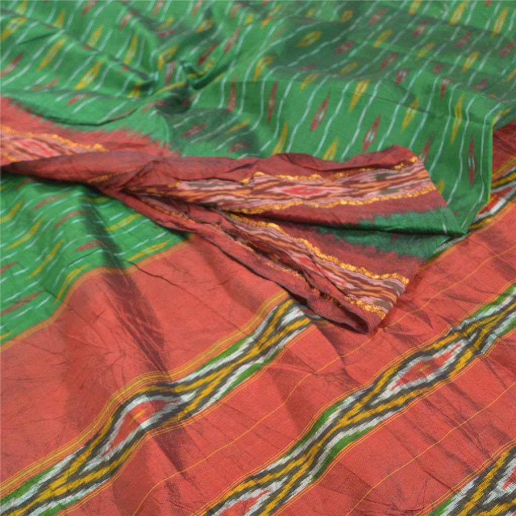 Sanskriti Vintage Sari 100% Pure Silk Pochampally Green Handwoven Ikat Sarees 5yd Craft Fabric