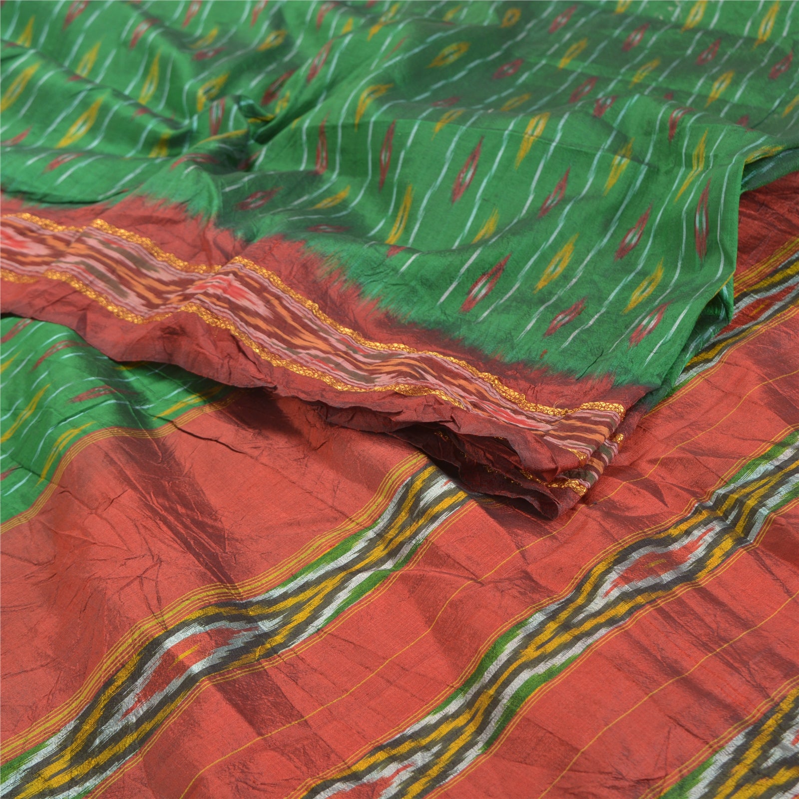 Sanskriti Vintage Sari 100% Pure Silk Pochampally Green Handwoven Ikat Sarees 5yd Craft Fabric